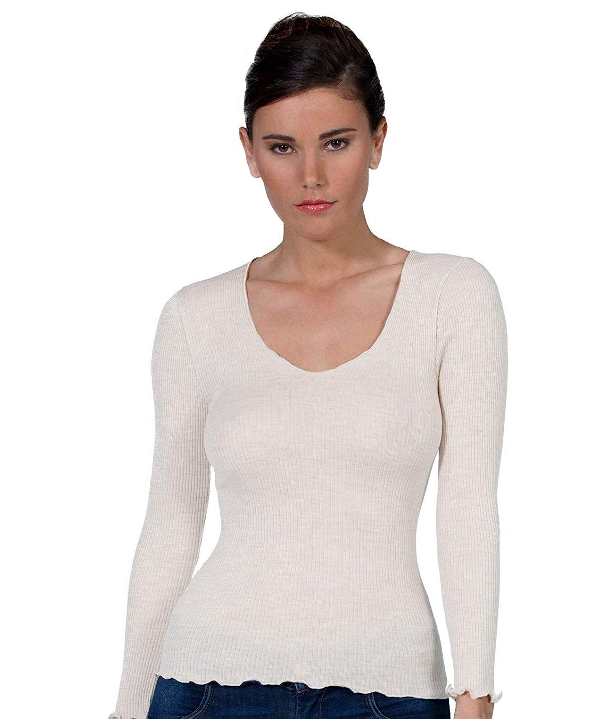 EGI Luxury Wool Silk V-Neck Long Sleeve Top. Proudly Made in Italy (1493) - tittimitti - Flyclothing LLC