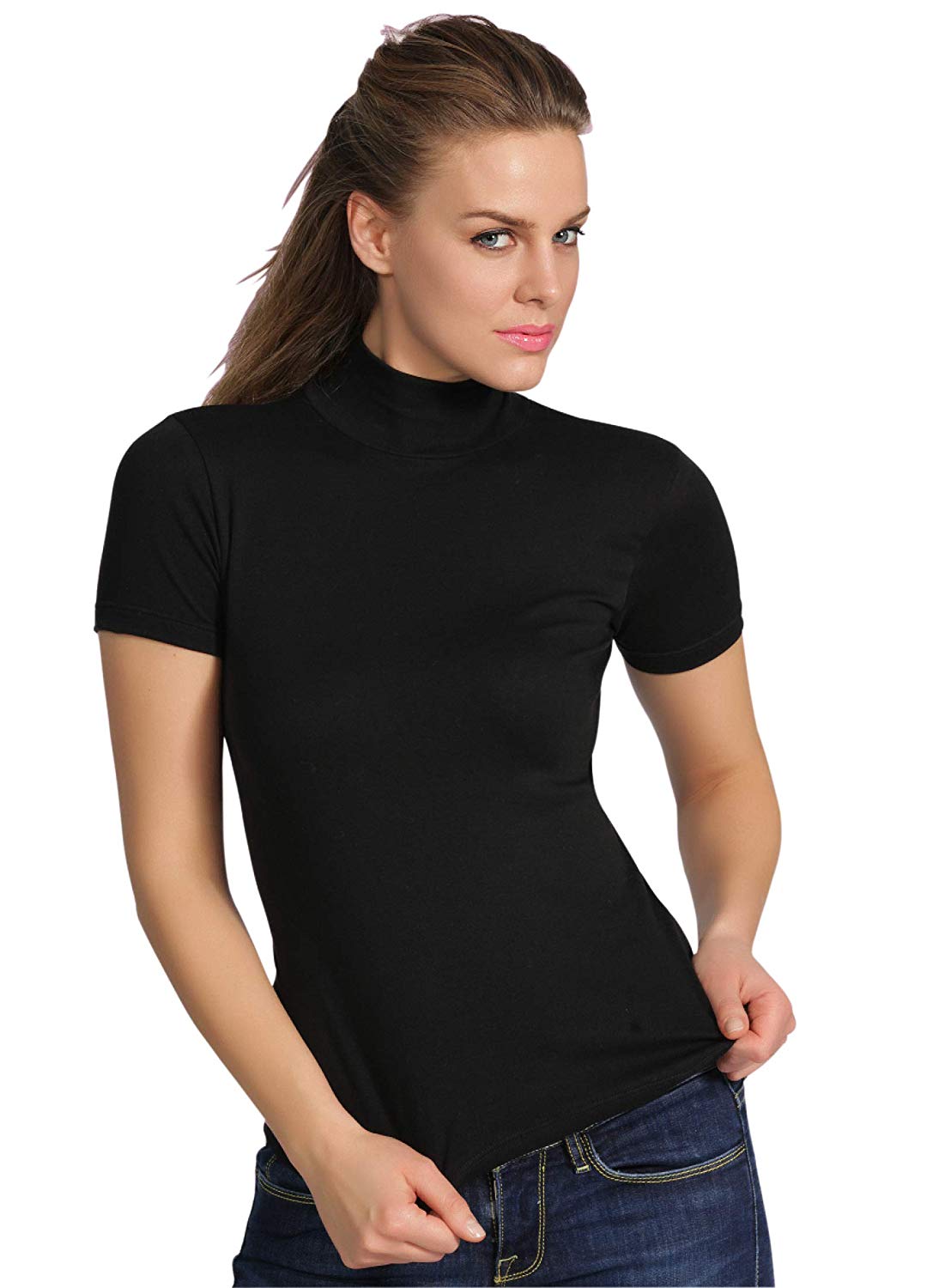 Basic Cotton Women's Short-Sleeve Mock-Neck Shirt 676 — Made in Italy