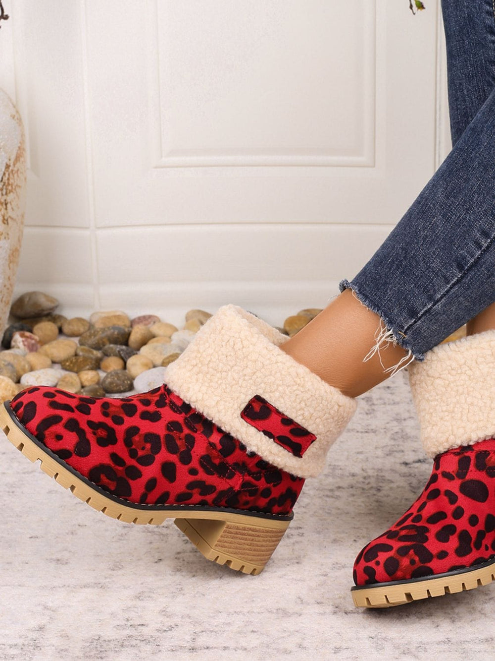 Leopard Block Heel Fuzzy Boots - Trendsi