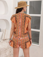 Printed V-Neck Cap Sleeve Romper - Trendsi
