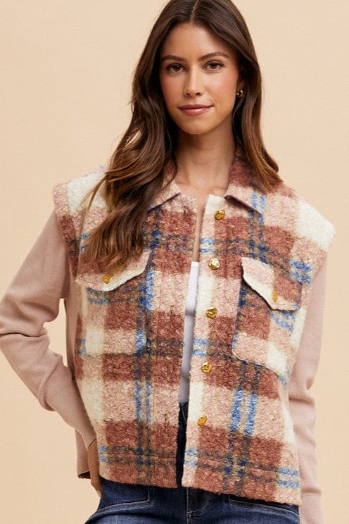 Annie Wear Faux Fur Plaid Button Up Jacket - Trendsi