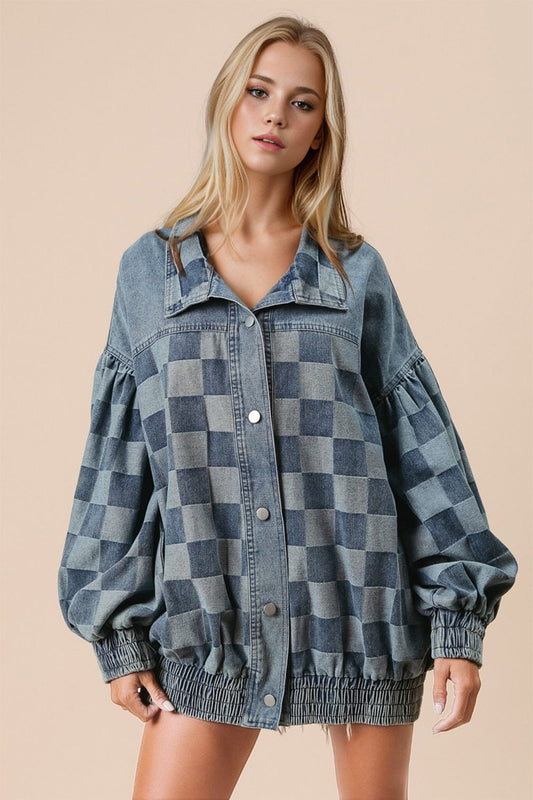 Double Take Checkered Button Up Denim Jacket - Trendsi
