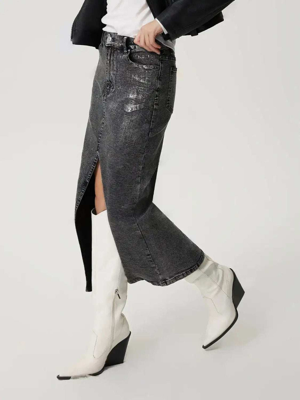 Slit Midi Denim Skirt with Pockets - Trendsi - Flyclothing LLC