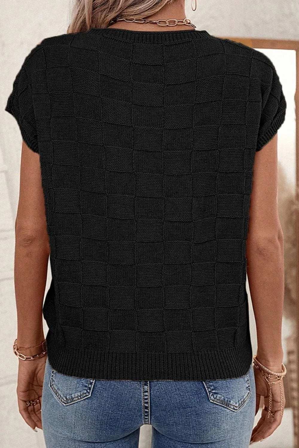 Pocketed Checkered Round Neck Knit Top - Trendsi - Flyclothing LLC
