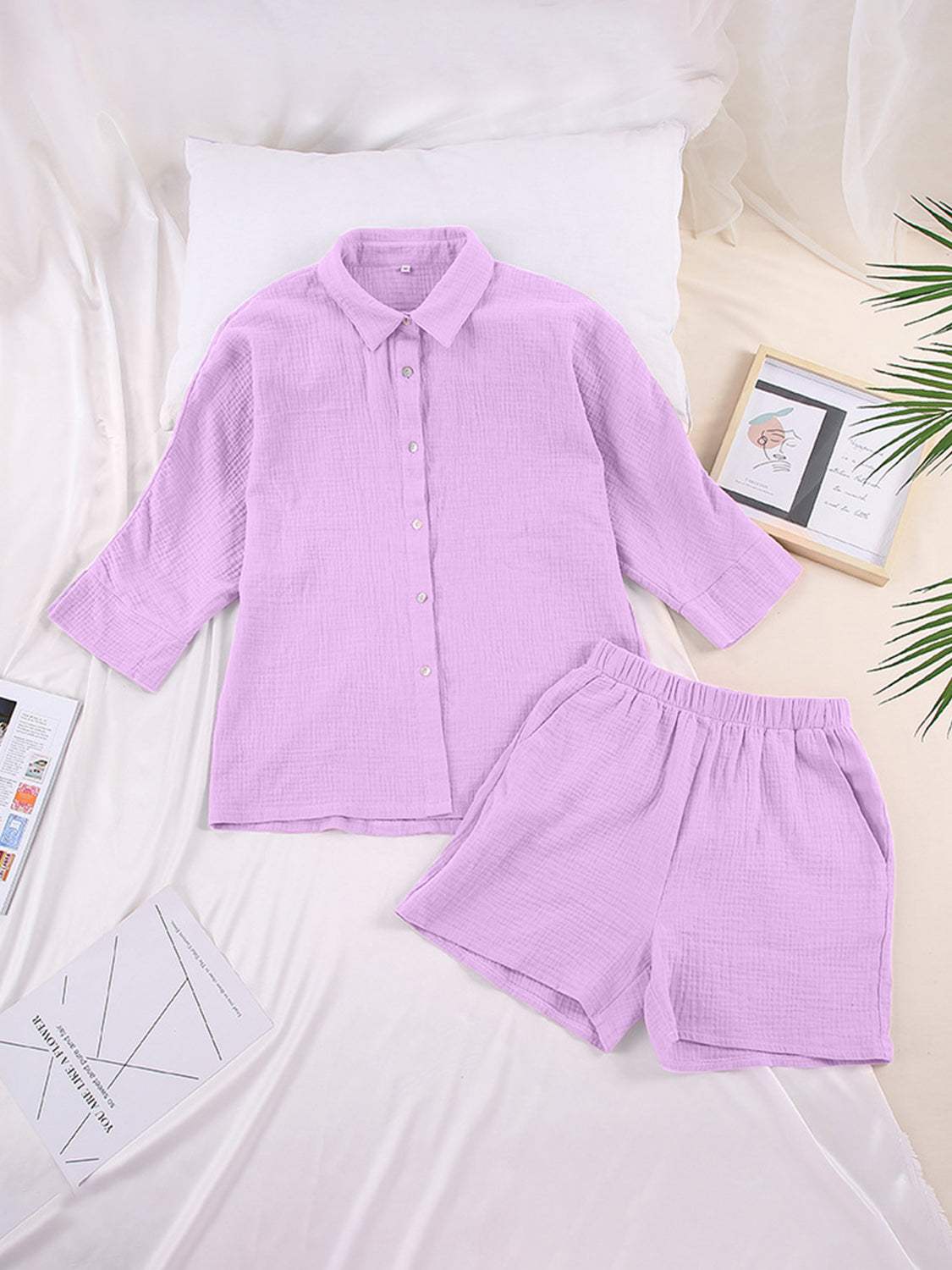 Texture Button Up Shirt and Shorts Set - Trendsi - Flyclothing LLC