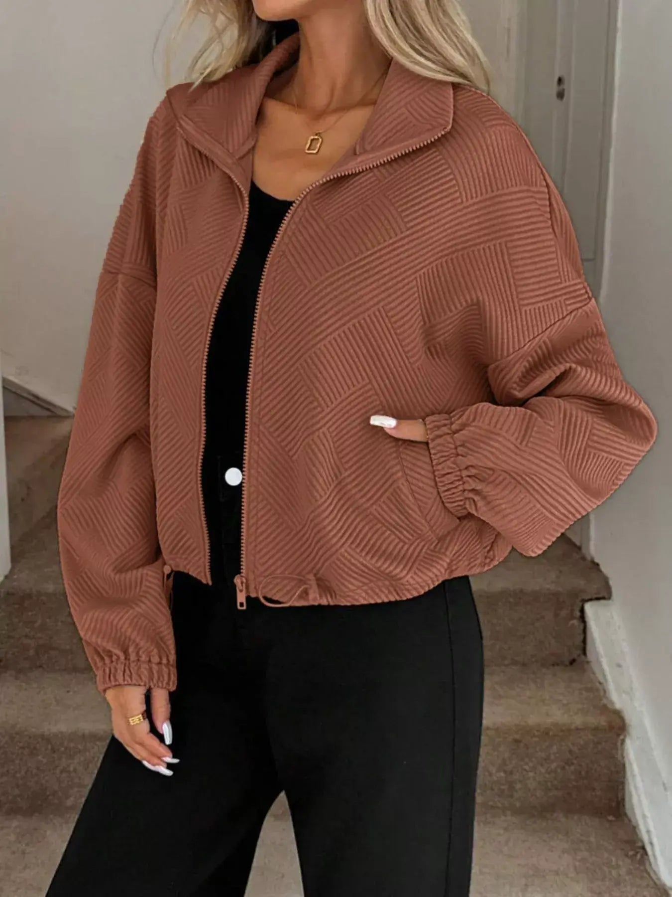 Textured Zip-Up Drawstring Hem Jacket - Trendsi - Flyclothing LLC