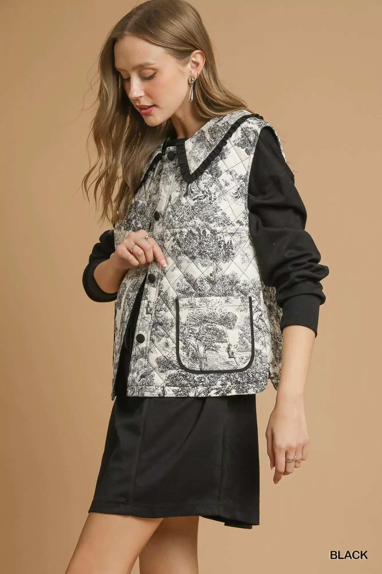 Umgee Toile Quilted Vest with Ruffle Collar - Trendsi - Flyclothing LLC