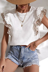 Floral Lace Eyelet Patched Butterfly Sleeve Blouse - Trendsi - Flyclothing LLC