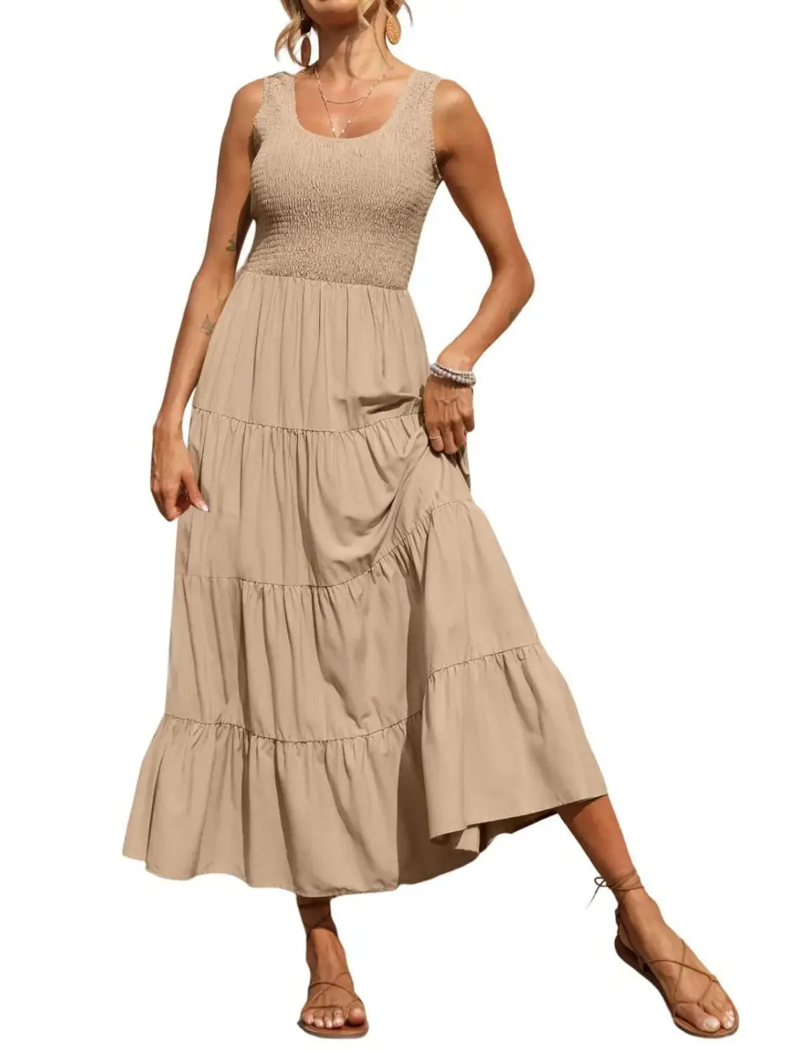 Tiered Smocked Wide Strap Dress - Trendsi - Flyclothing LLC