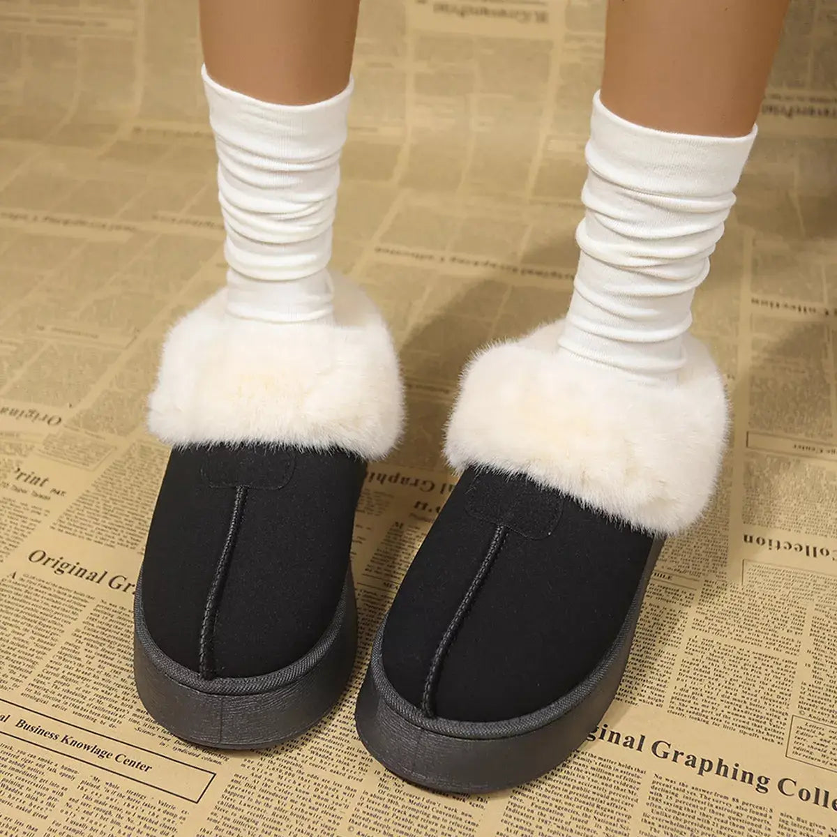 Fuzzy Trim Platform Boots - Trendsi - Flyclothing LLC