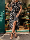 Printed Round Neck Flutter Sleeve Midi Dress - Trendsi
