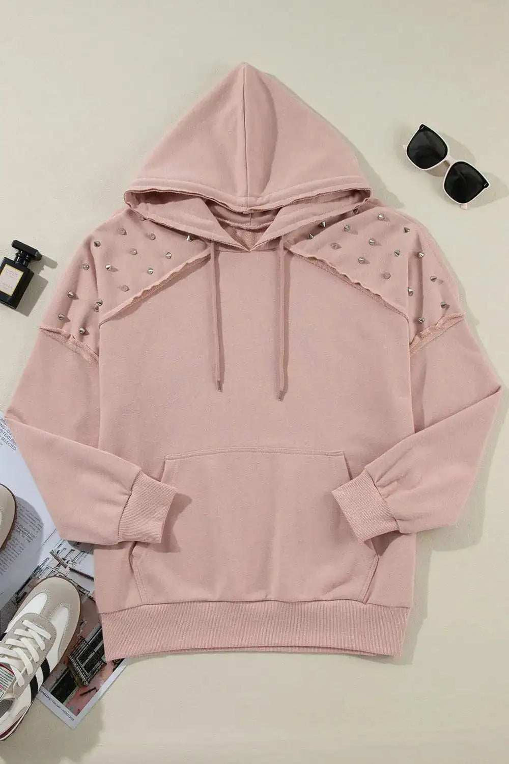 Rivet Drawstring Long Sleeve Hoodie - Trendsi - Flyclothing LLC