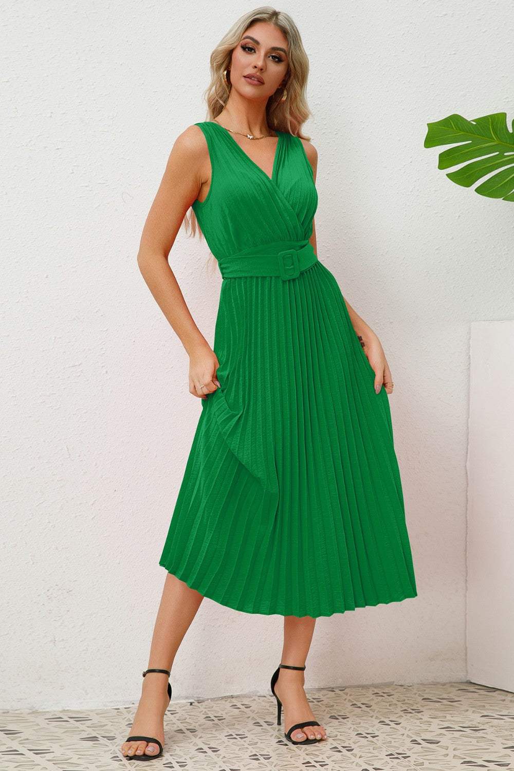 Surplice Sleeveless Midi Pleated Dress - Trendsi - Flyclothing LLC