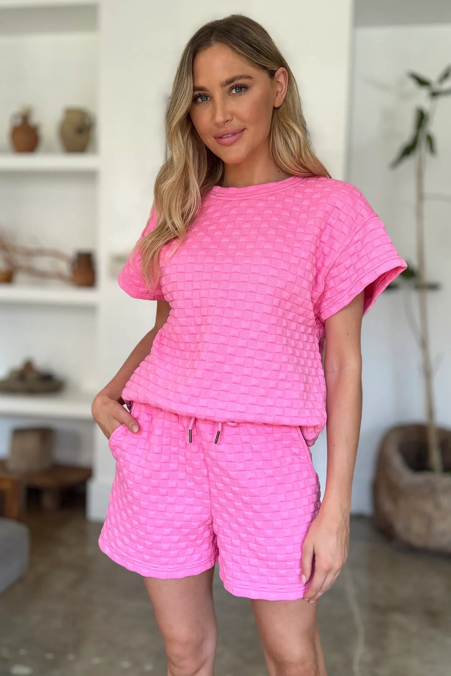 Double Take Full Size Texture T-Shirt and Shorts Set - Trendsi - Flyclothing LLC