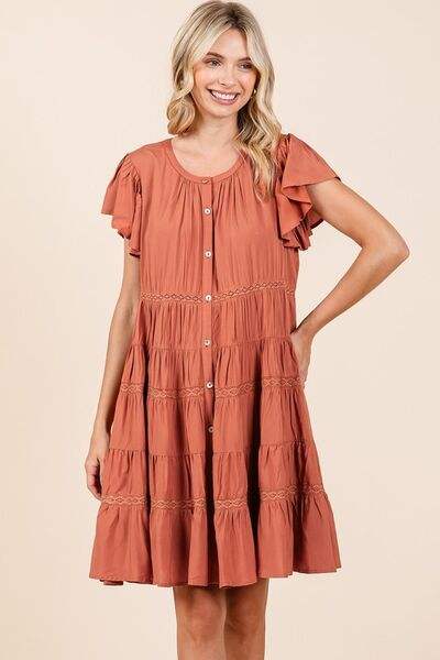 Mittoshop Lace Detail Ruffled Button Down Tiered Dress - Trendsi - Flyclothing LLC