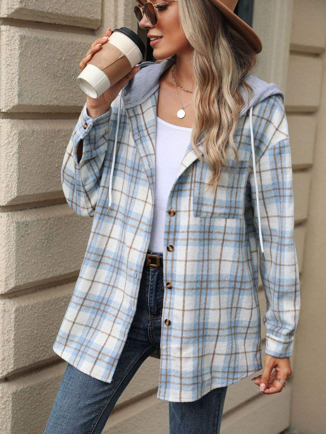 Drawstring Plaid Button Up Hooded Jacket - Trendsi - Flyclothing LLC