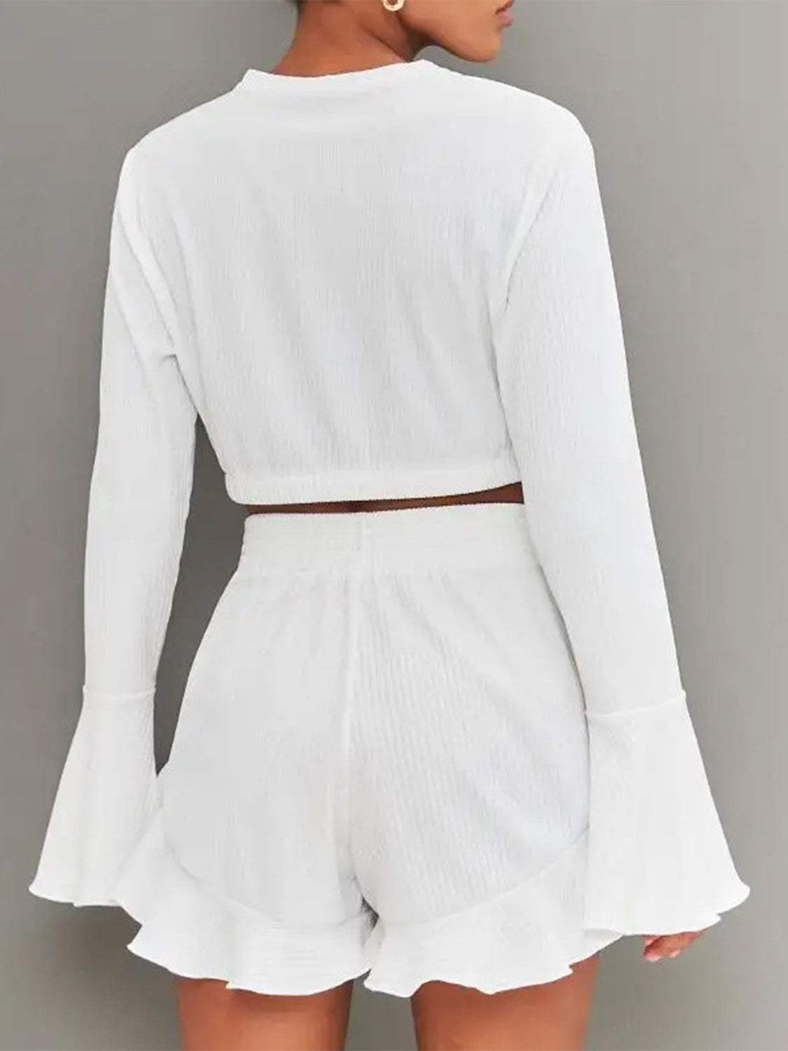 Round Neck Long Sleeve Top and Ruffled Shorts Set - Trendsi - Flyclothing LLC