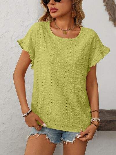 Mandy Eyelet Round Neck Short Sleeve Top - Trendsi - Flyclothing LLC