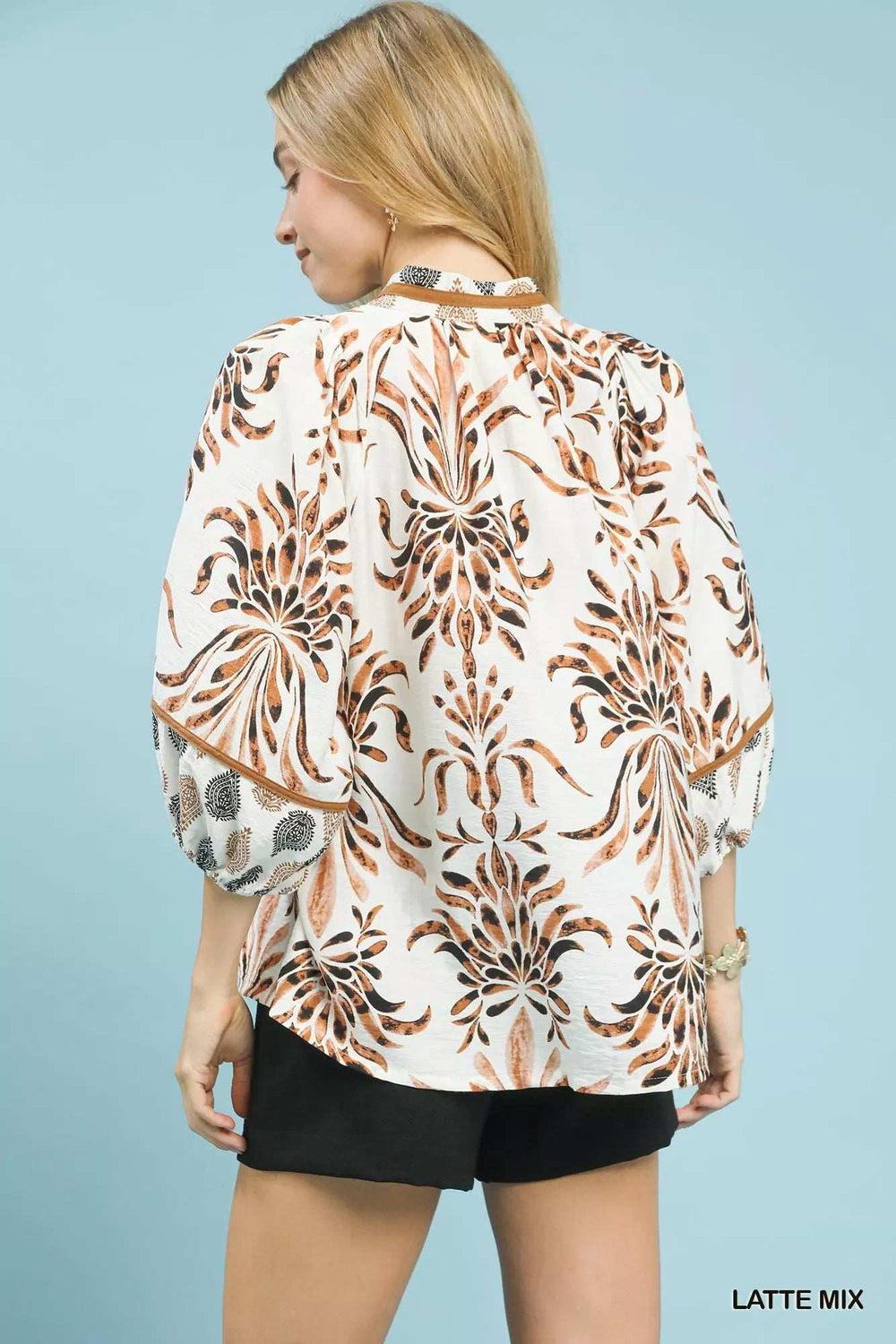Umgee Mix Floral Print Balloon Sleeve Blouse - Trendsi - Flyclothing LLC