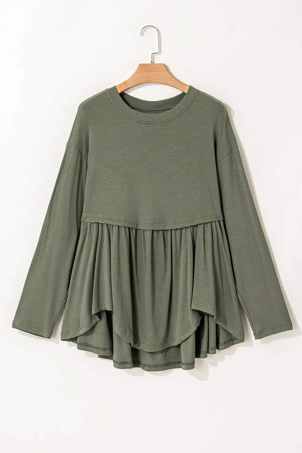 Plus Size Peplum Round Neck Long Sleeve Blouse - Trendsi - Flyclothing LLC