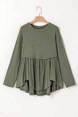 Plus Size Peplum Round Neck Long Sleeve Blouse - Trendsi - Flyclothing LLC