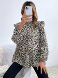 Ruffled Leopard Mock Neck Long Sleeve Blouse - Trendsi - Flyclothing LLC
