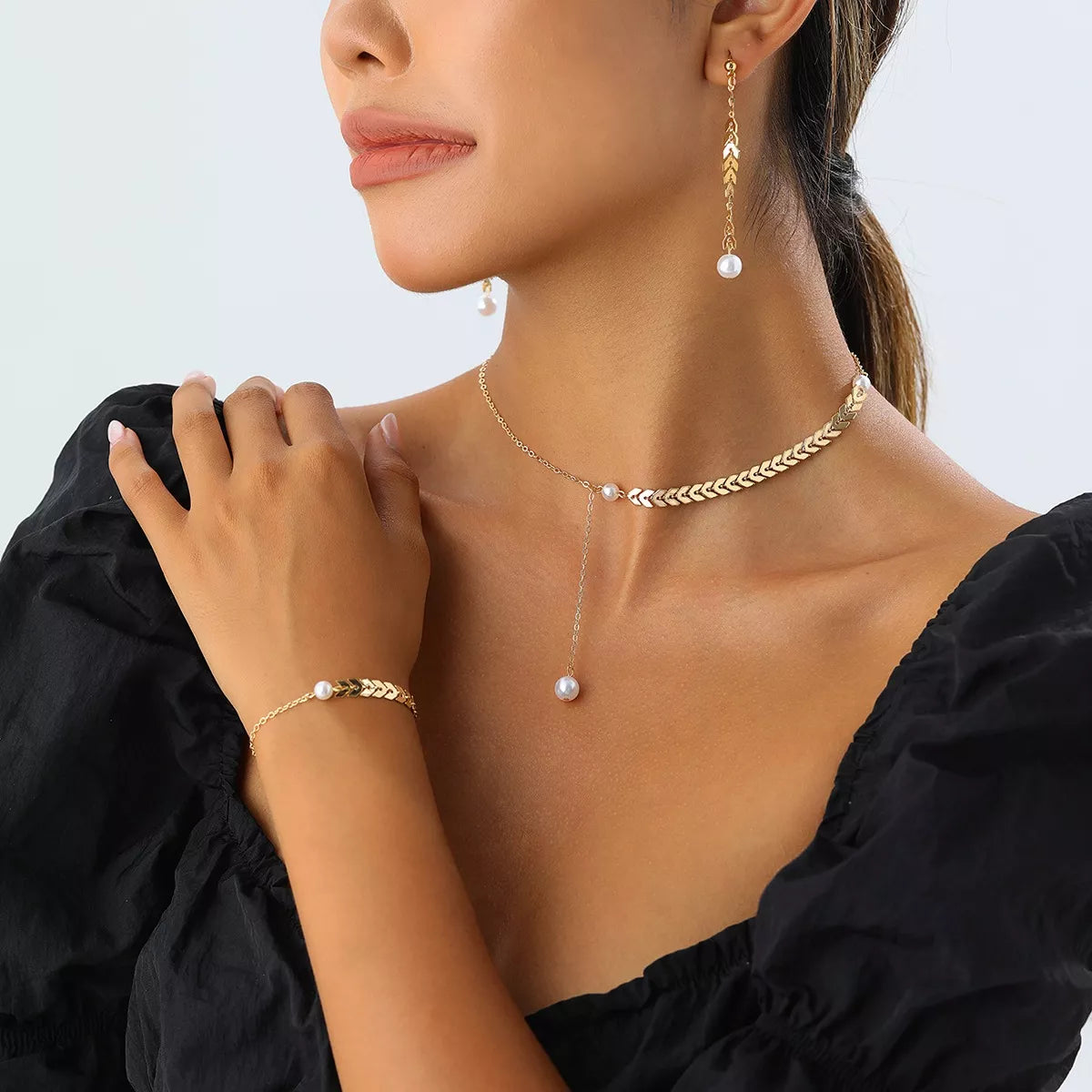 Wheat‑Spike Faux Pearl Necklace Bracelet Earrings 3‑Pcs Jewelry Set - Trendsi - Flyclothing LLC
