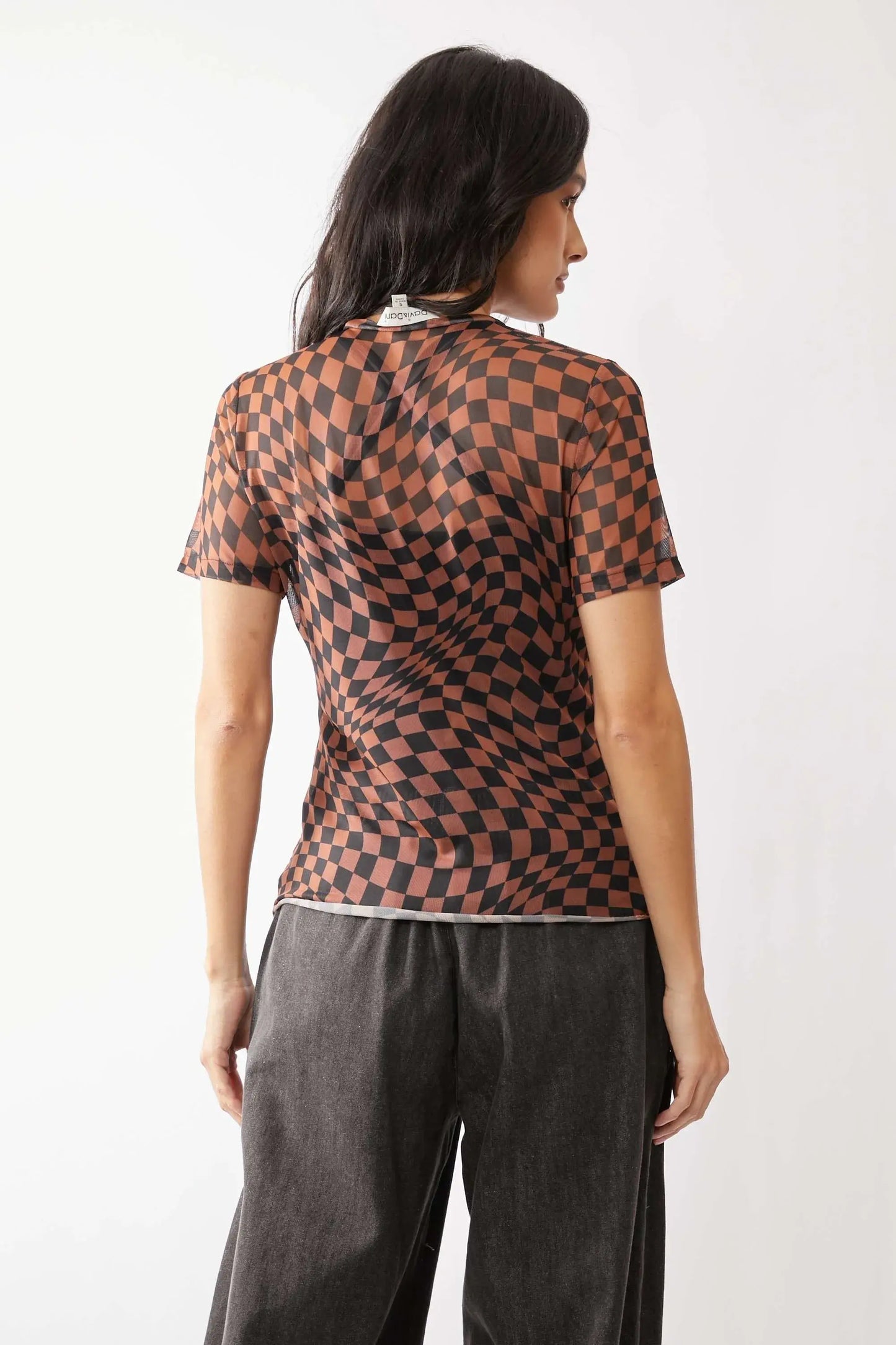 Davi & Dani Checker Board Printed Mesh Short Sleeve Top - Trendsi - Flyclothing LLC