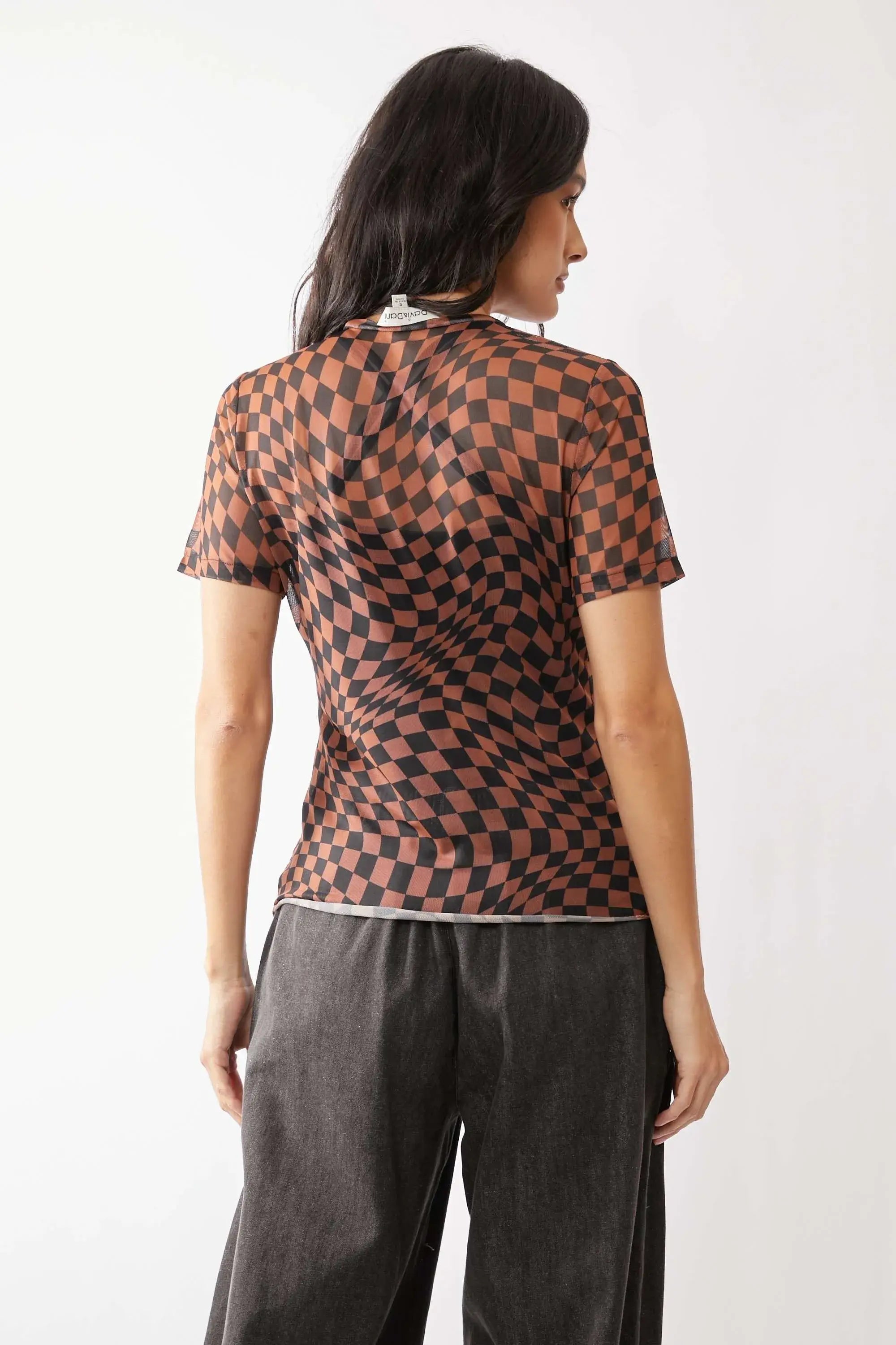 Davi & Dani Checker Board Printed Mesh Short Sleeve Top - Trendsi - Flyclothing LLC