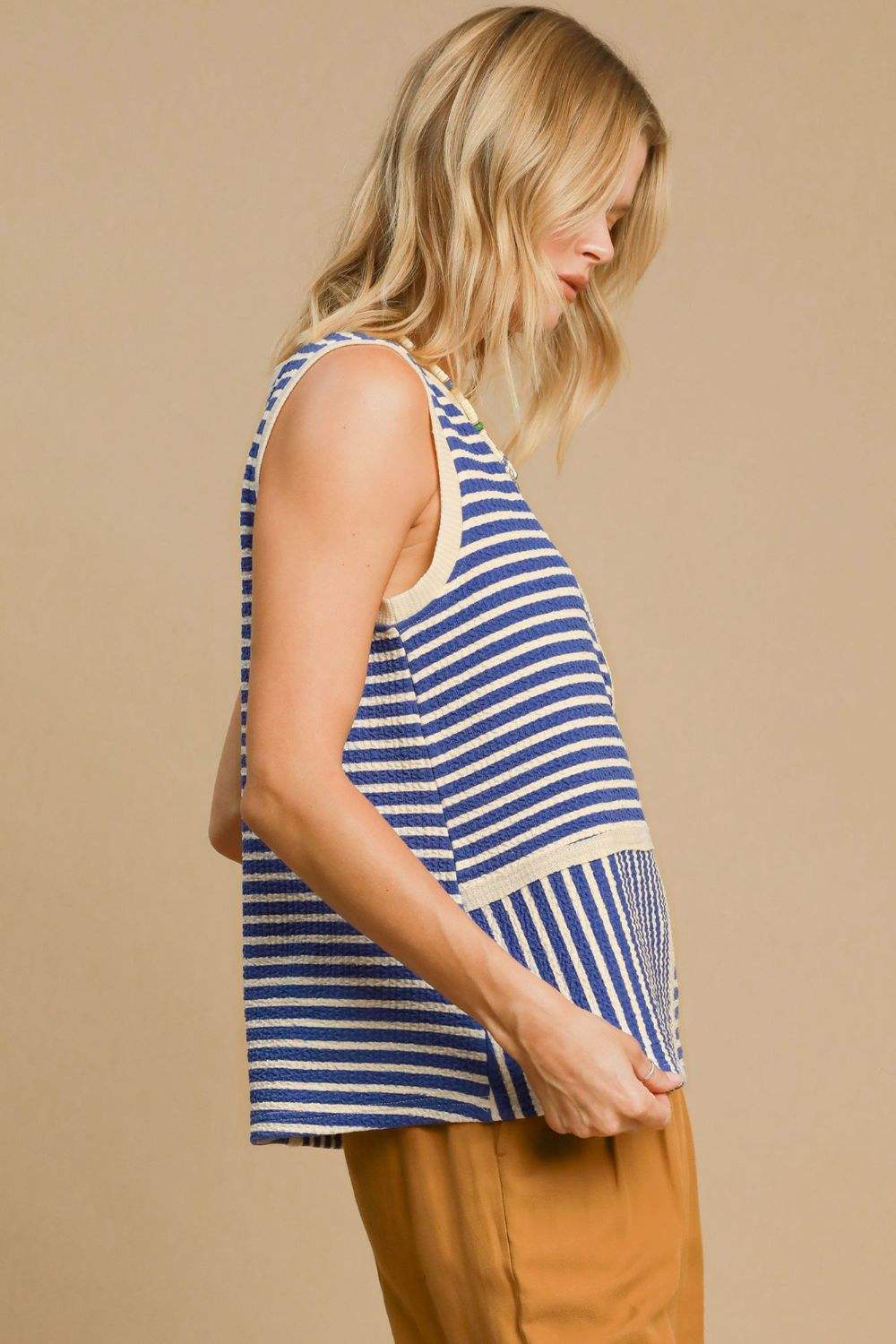 Umgee Round Neck Texture Striped Tank - Trendsi - Flyclothing LLC