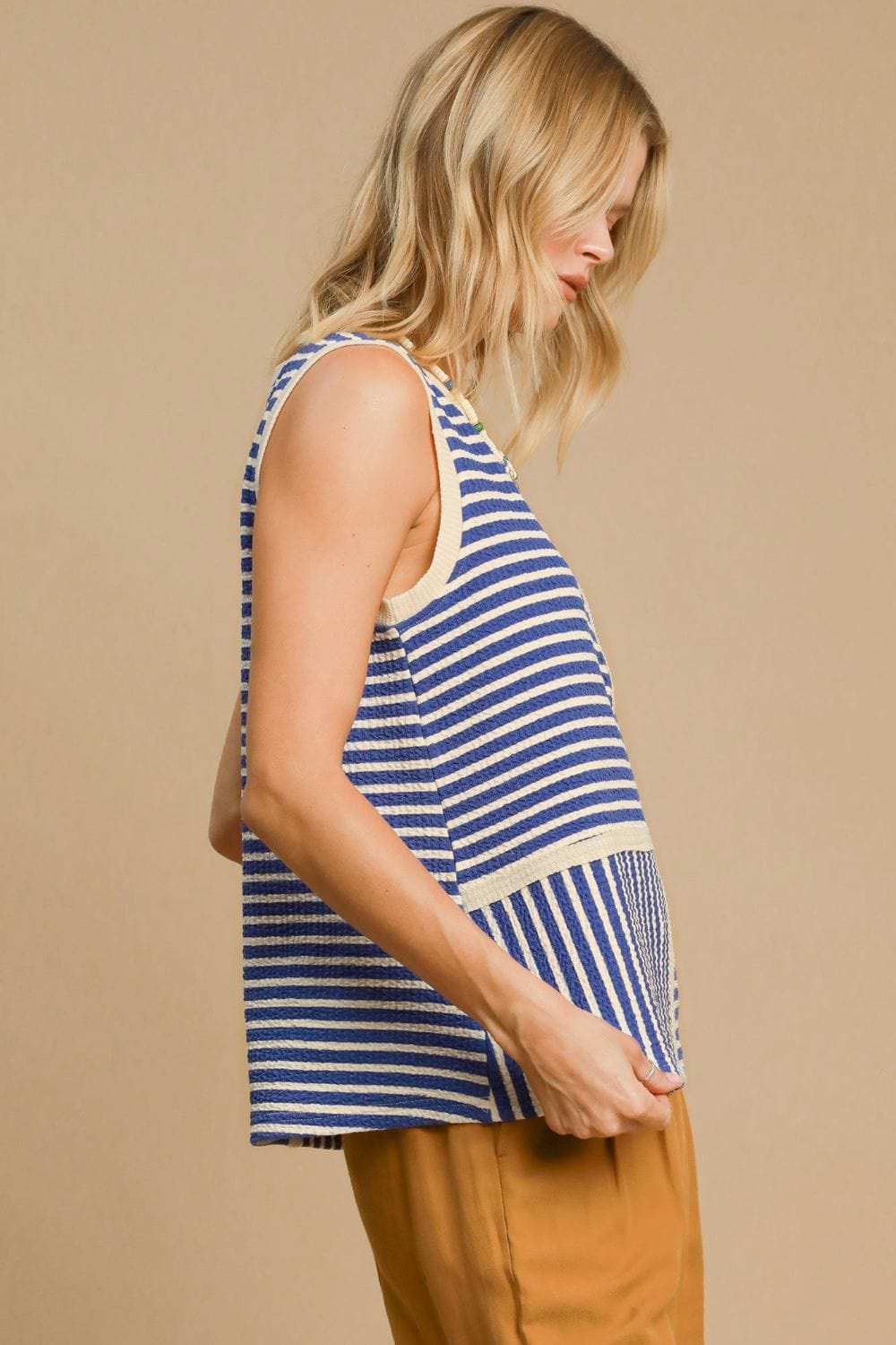 Umgee Round Neck Texture Striped Tank - Trendsi - Flyclothing LLC