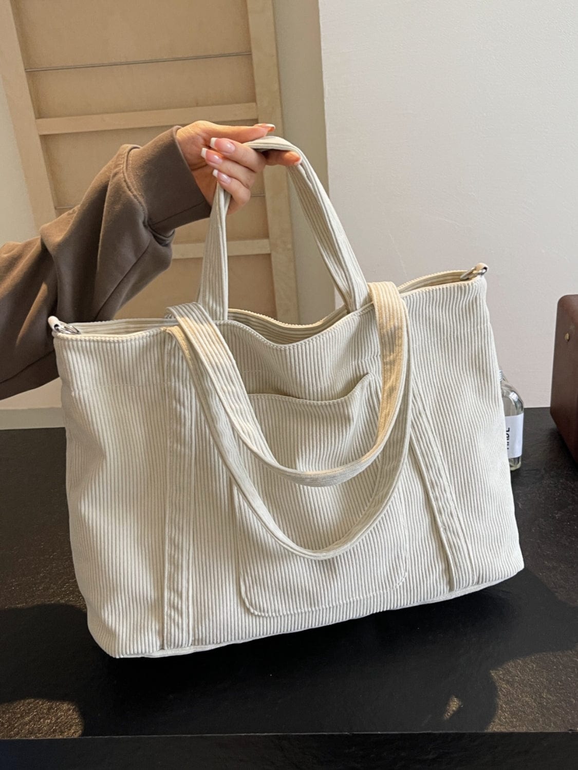 Corduroy Solid Large Tote Bag - Trendsi