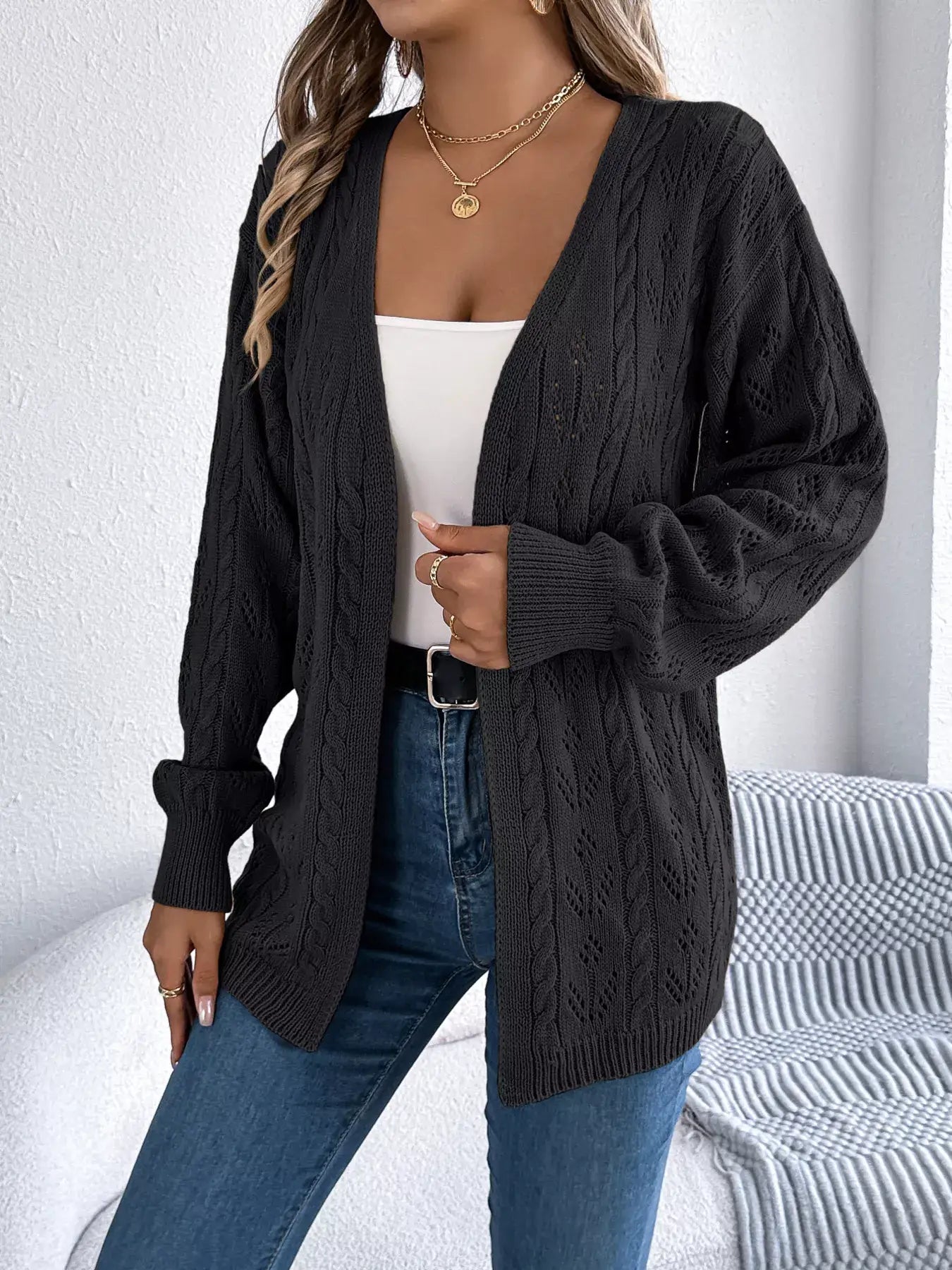 Openwork Open Front Long Sleeve Cardigan - Trendsi - Flyclothing LLC