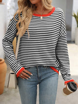 Mandy Striped Round Neck Long Sleeve Sweater - Trendsi - Flyclothing LLC