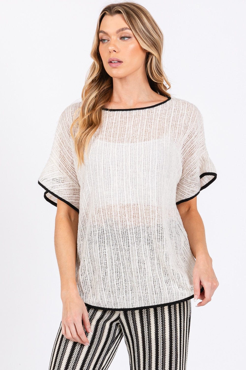 GeeGee Contrast Trim Short Sleeve Knit Cover Up - Trendsi