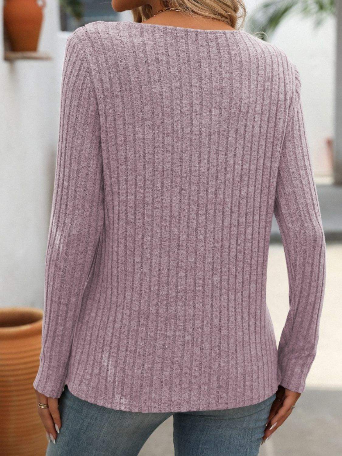 Ribbed V-Neck Long Sleeve T-Shirt - Trendsi - Flyclothing LLC
