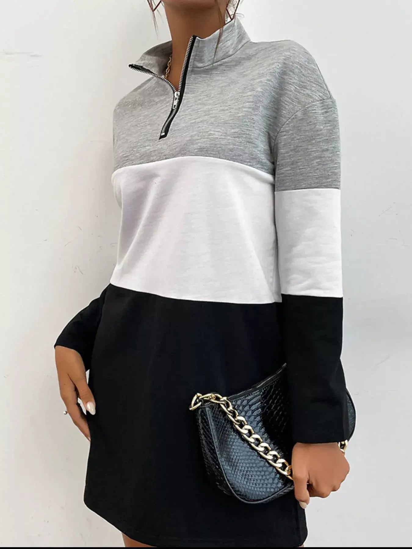 Color Block Zip Front Casual Dress - Trendsi - Flyclothing LLC