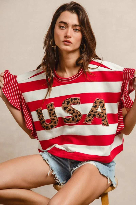 BiBi Stripe Mixed Ruffle Sleeve Top With Leopard Letter - Trendsi - Flyclothing LLC