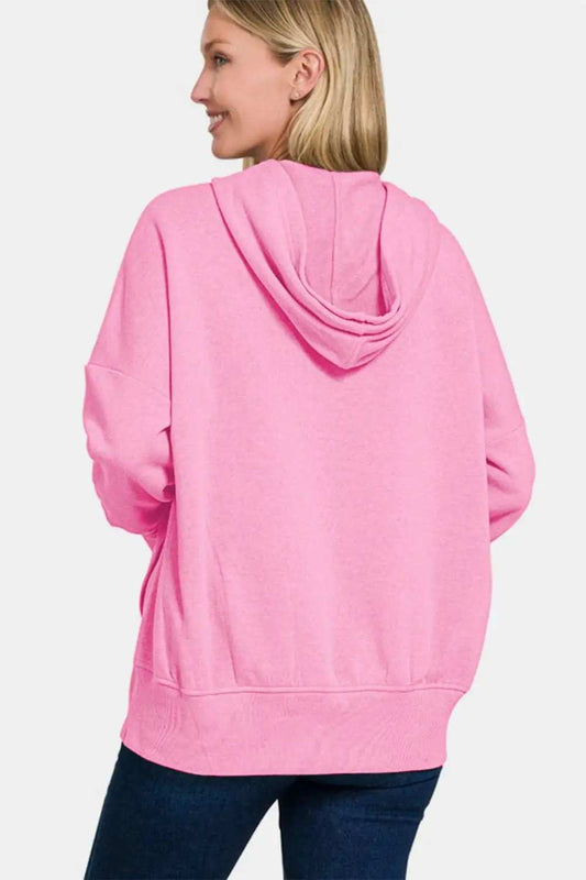 Zenana Half Snap Long Sleeve Hoodie with Kangaroo Pocket - Trendsi - Flyclothing LLC