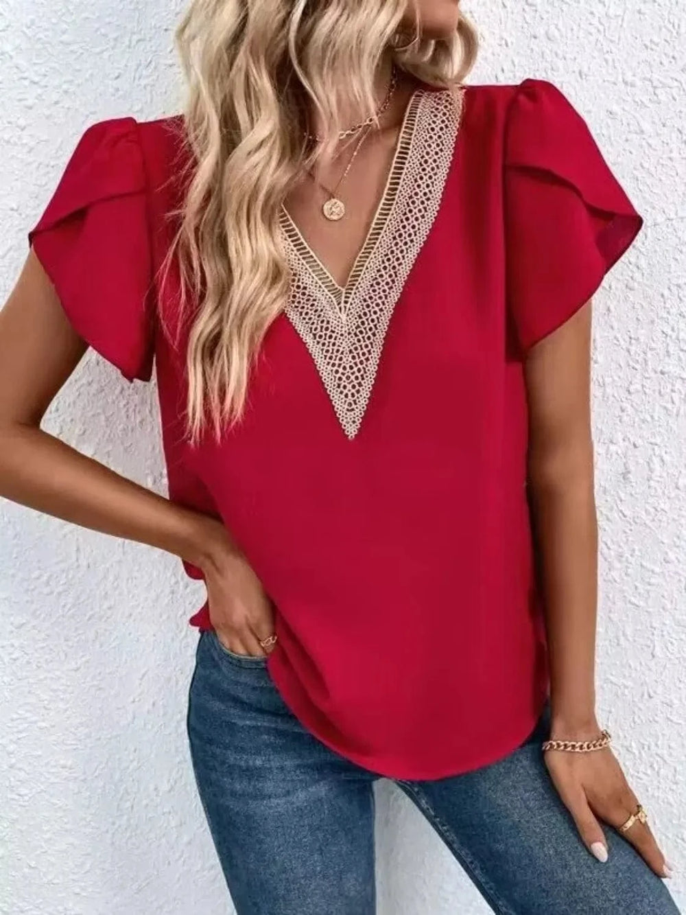V-Neck Petal Sleeve Blouse - Trendsi
