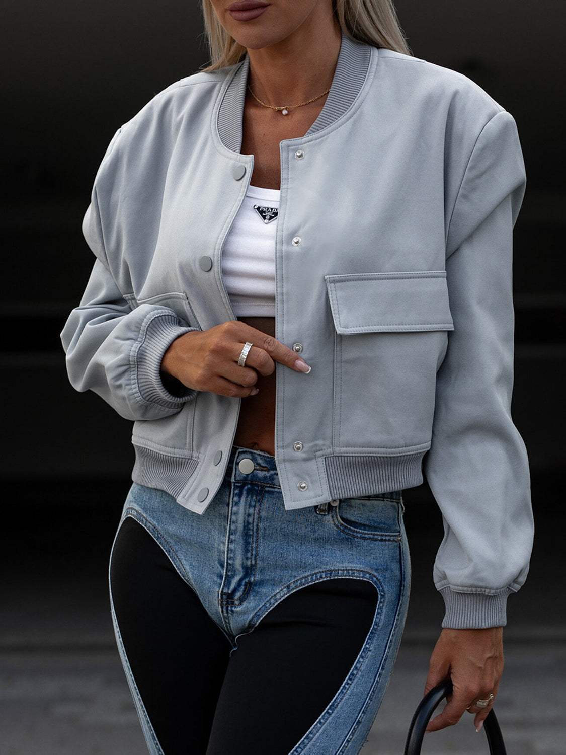 Pocketed Snap Down Baseball Collar Jacket - Trendsi - Flyclothing LLC