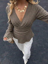 Elegant V-Neck Wrap Asymmetrical Blouse with Flared Sleeves - Trendsi - Flyclothing LLC