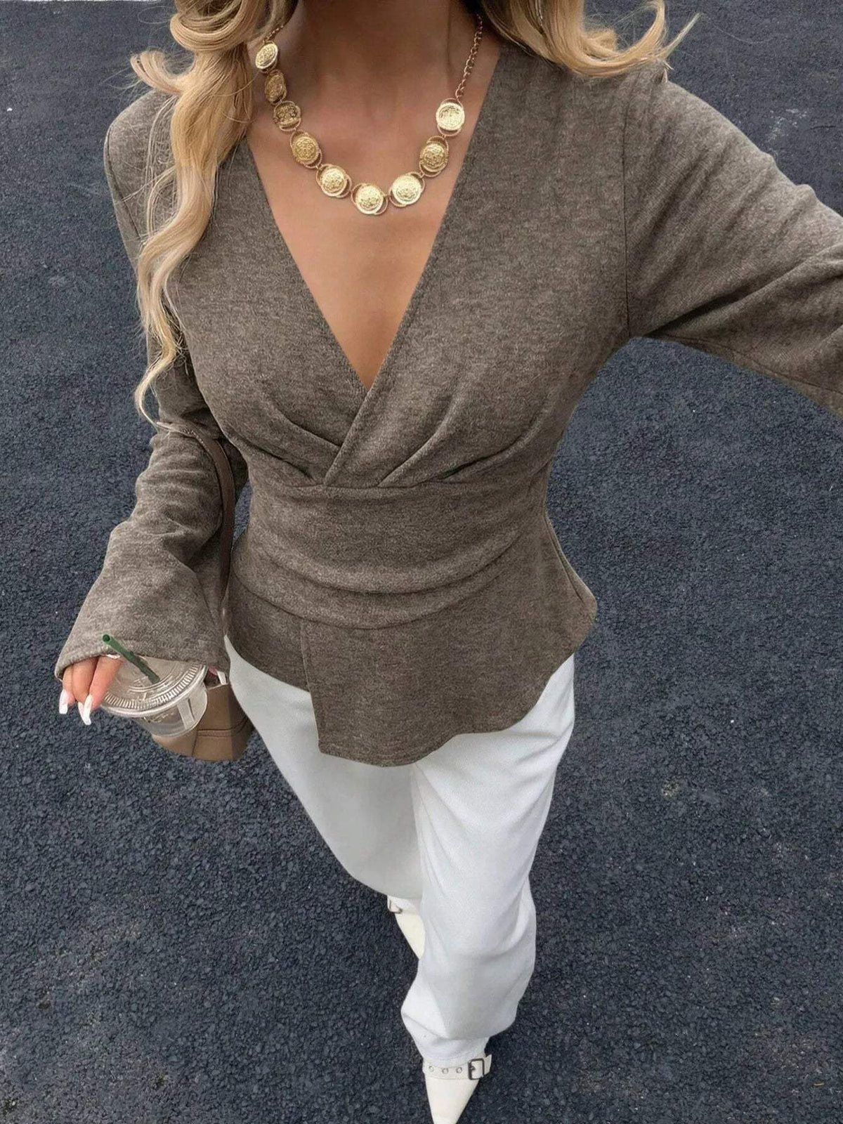 Elegant V-Neck Wrap Asymmetrical Blouse with Flared Sleeves - Trendsi - Flyclothing LLC