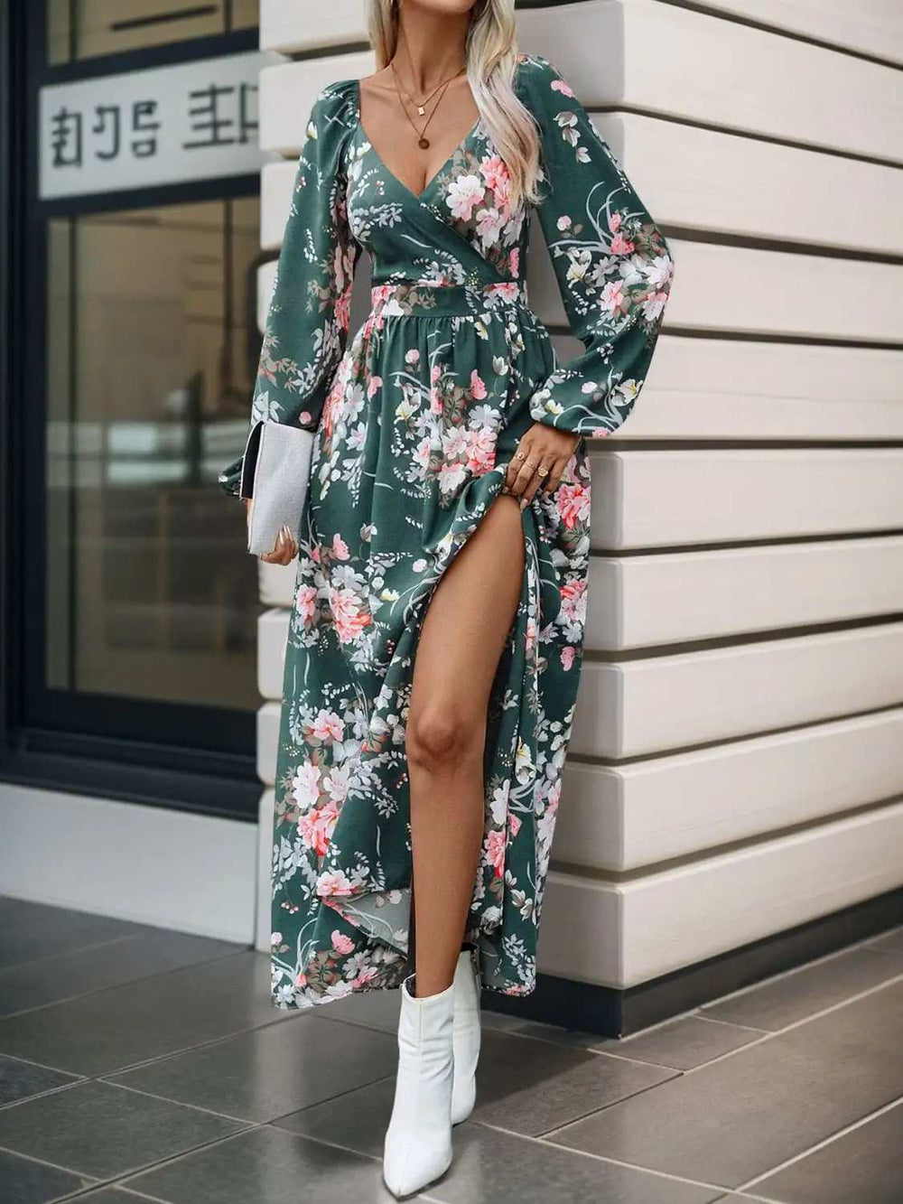 Slit Printed Surplice Long Sleeve Maxi Dress - Trendsi - Flyclothing LLC