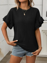 Eyelet Round Neck Flounce Sleeve Top - Trendsi - Flyclothing LLC