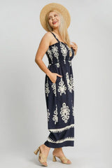 Umgee Full Size Smocked Printed Wide Leg Jumpsuit Plus Size - Trendsi - Flyclothing LLC