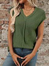 V-Neck Short Sleeve Knit Top - Trendsi - Flyclothing LLC