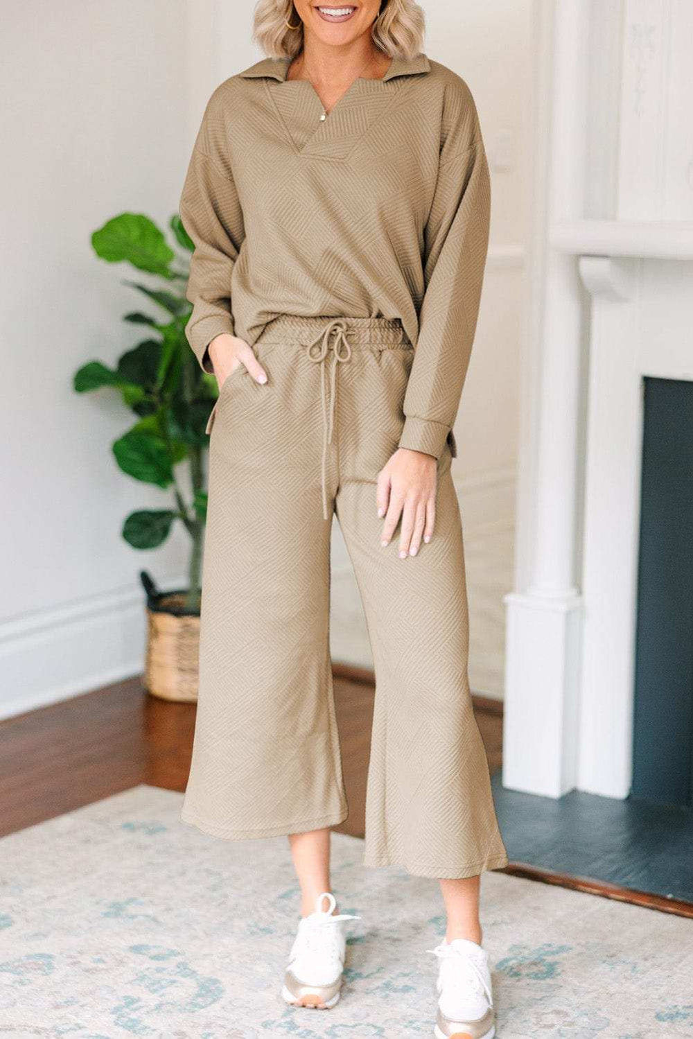 Textured Collared Neck Top and Wide Leg Pants Set - Trendsi - Flyclothing LLC