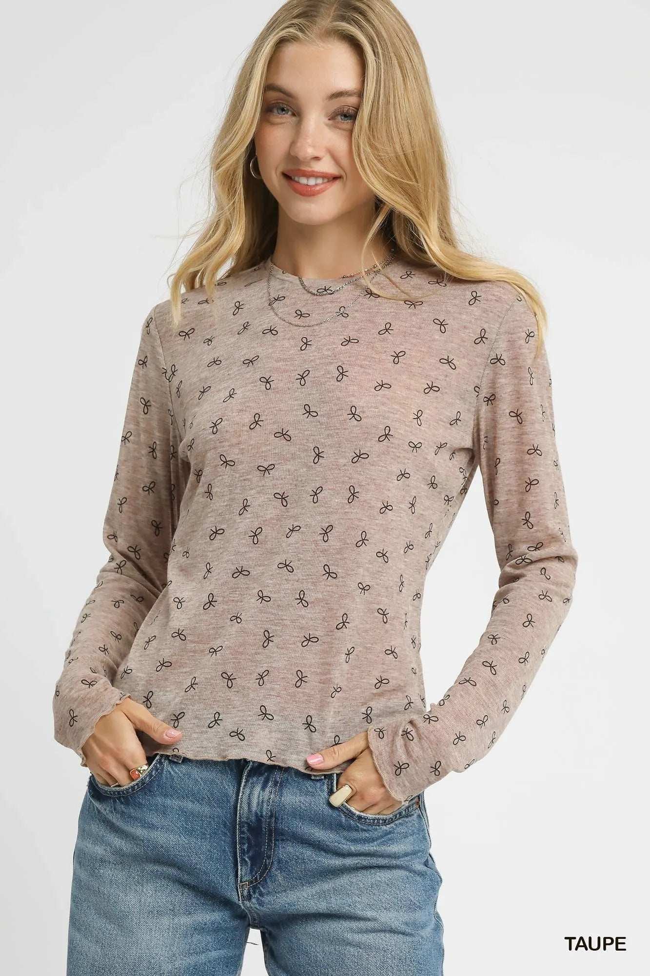 Umgee Bow Print Lightweight Knit Top - Trendsi - Flyclothing LLC