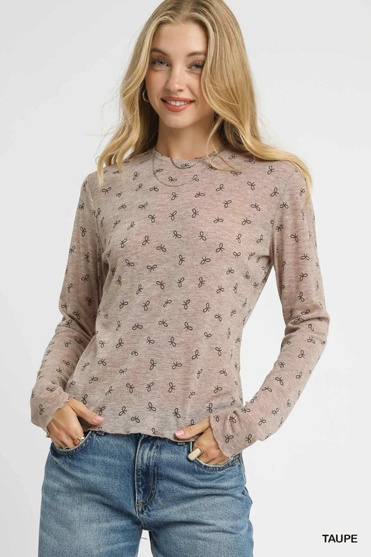 Umgee Bow Print Lightweight Knit Top - Trendsi - Flyclothing LLC